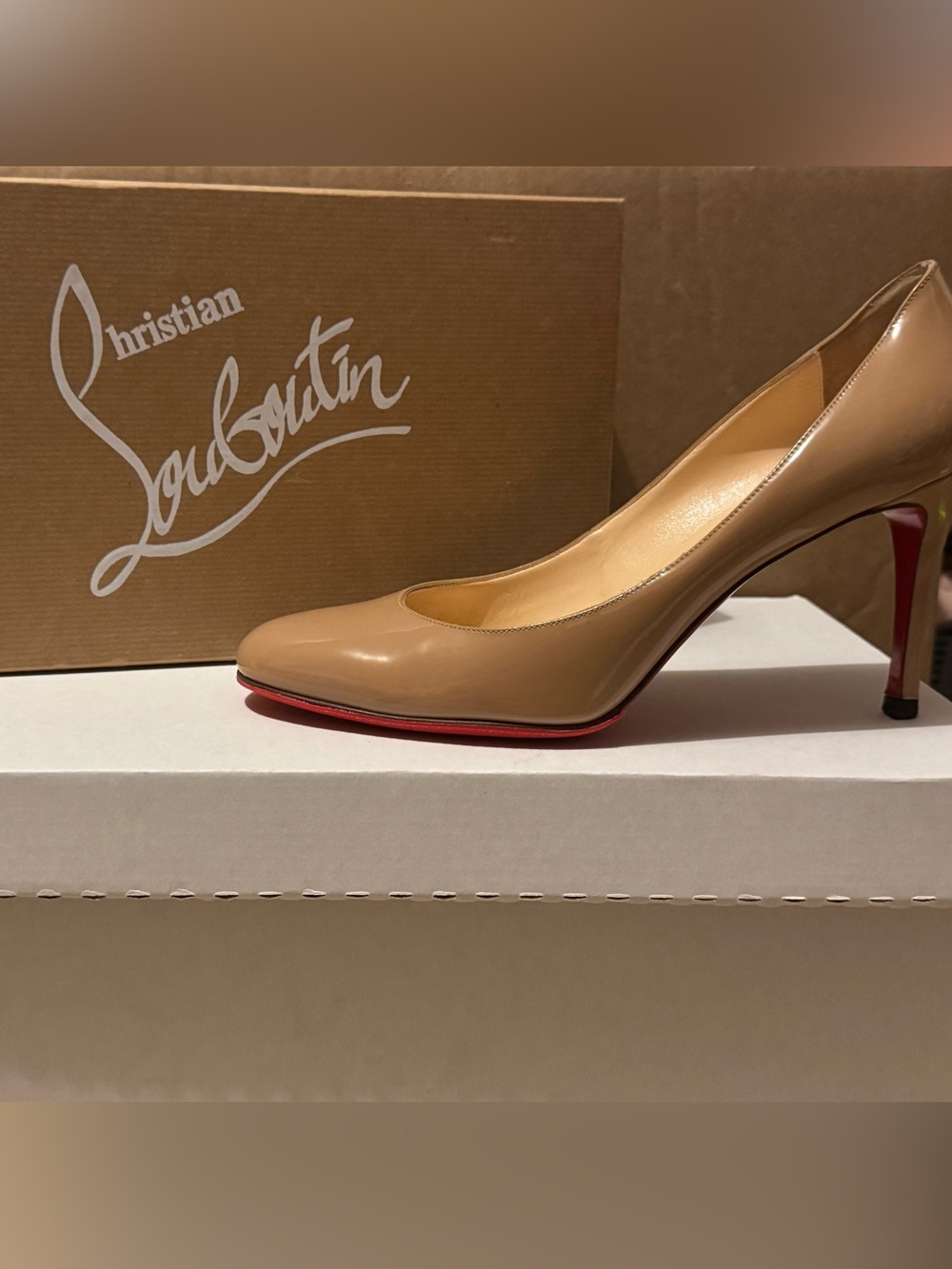 Christian Louboutin Beige Patent Leather Pump with Red Sole